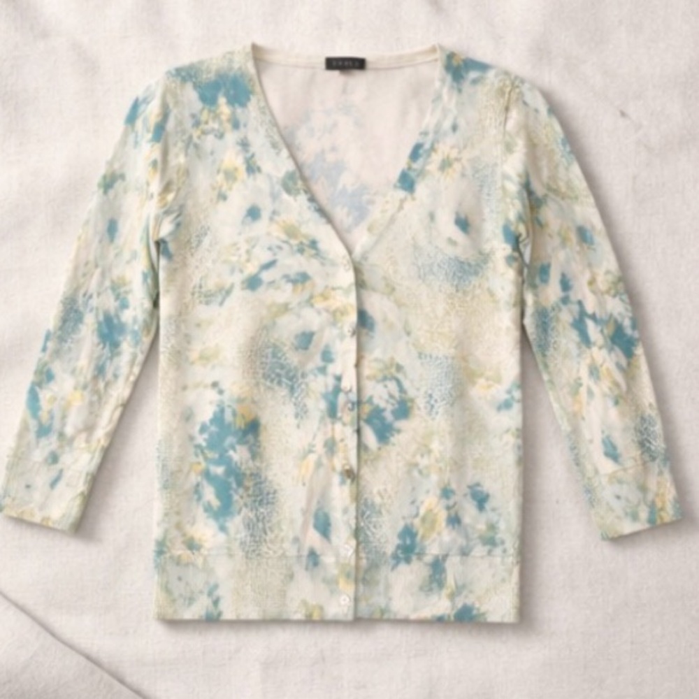 Talbots Floral Cotton Blend Cardigan Small Teal Sage Button Up - Picture 2 of 5